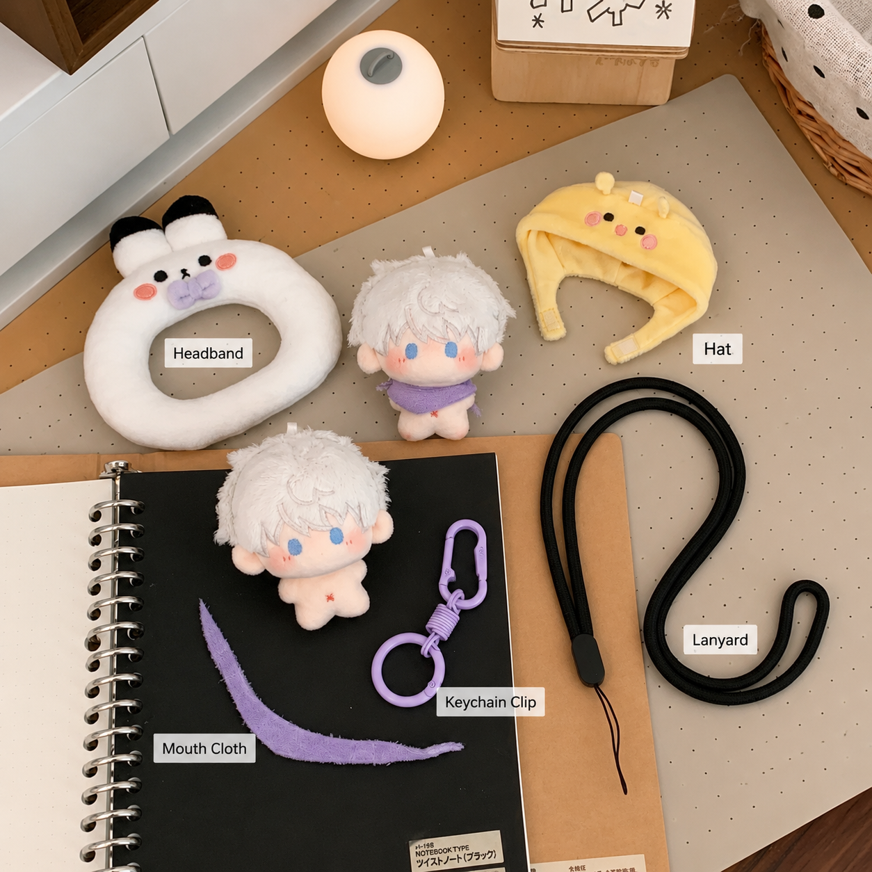 CALEB-5cm(1.97inch) Plushie Doll with Hat, Headband, MouthCloth, Keychain Clip, Lanyard