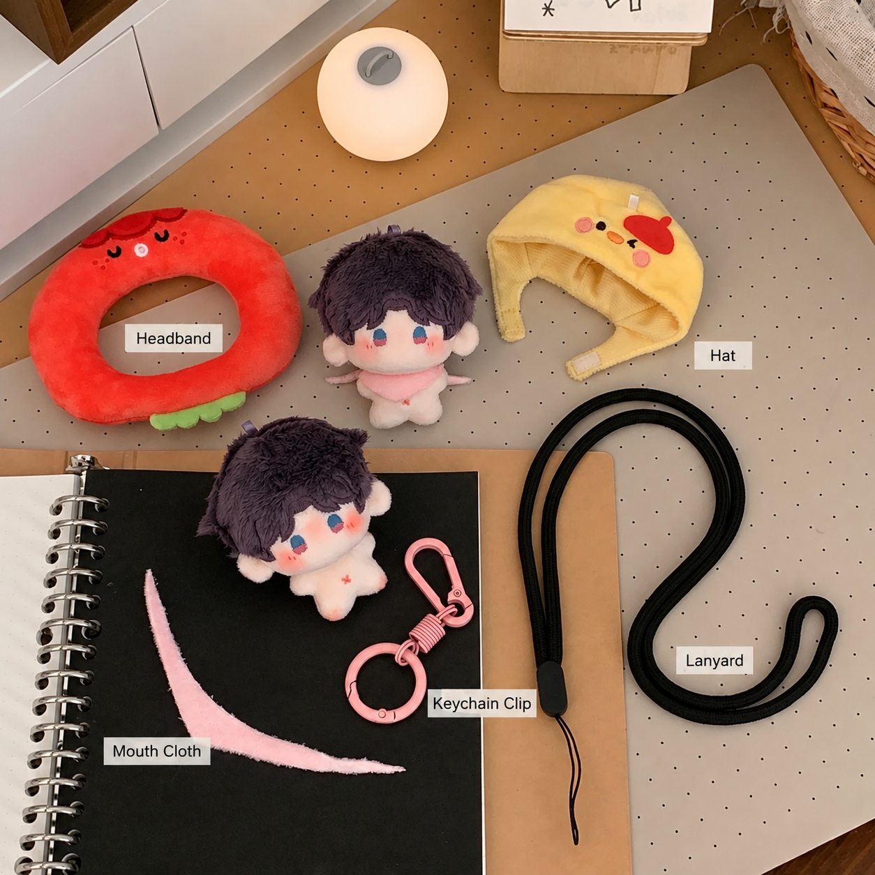 CALEB-5cm(1.97inch) Plushie Doll with Hat, Headband, MouthCloth, Keychain Clip, Lanyard