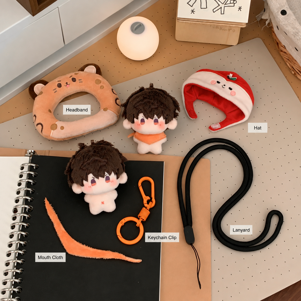 CALEB-5cm(1.97inch) Plushie Doll with Hat, Headband, MouthCloth, Keychain Clip, Lanyard