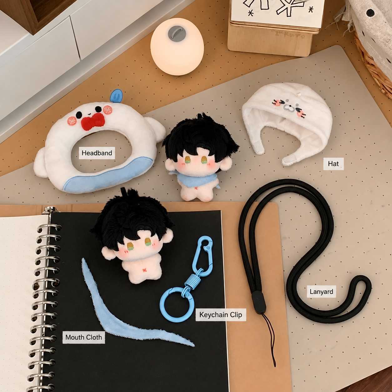 CALEB-5cm(1.97inch) Plushie Doll with Hat, Headband, MouthCloth, Keychain Clip, Lanyard