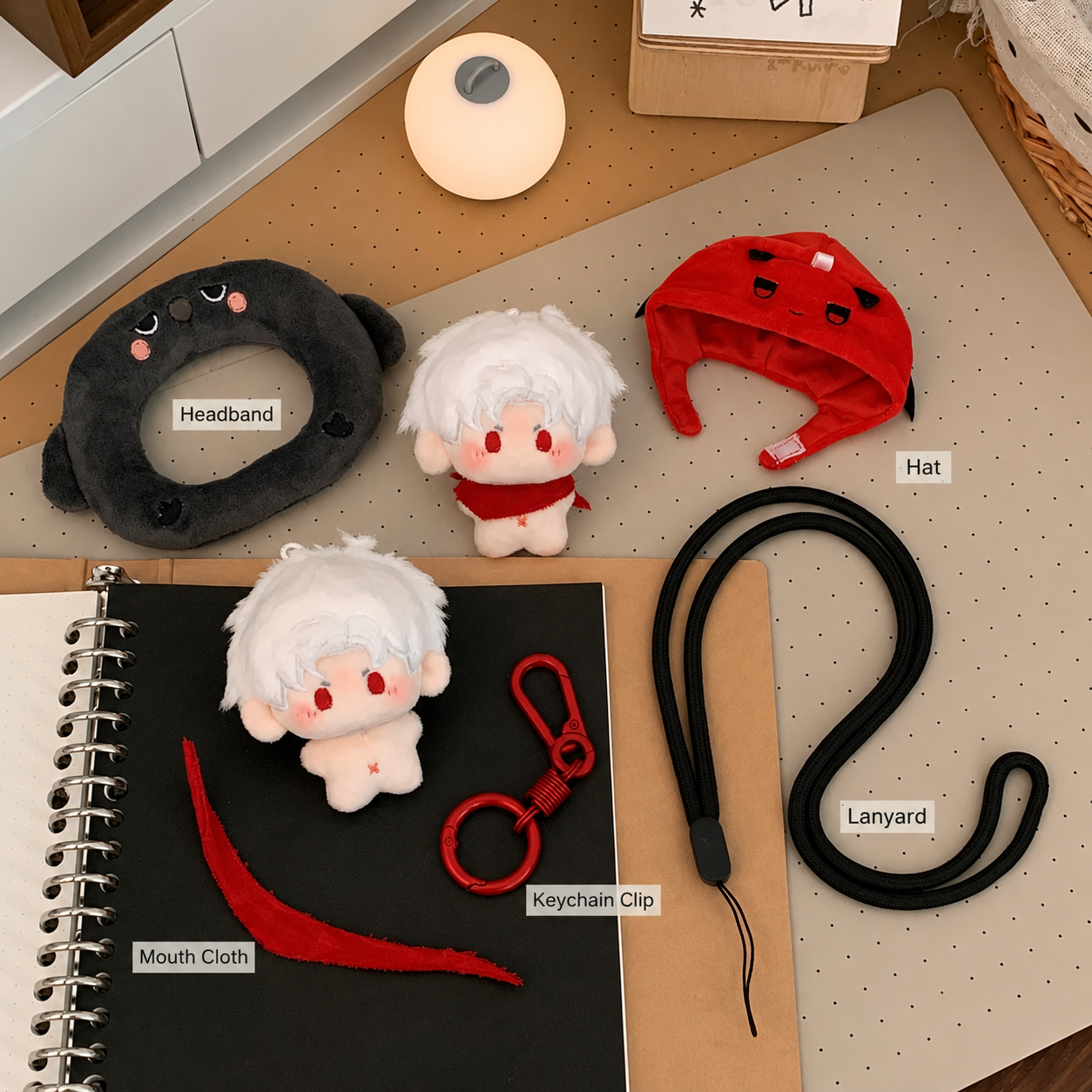 CALEB-5cm(1.97inch) Plushie Doll with Hat, Headband, MouthCloth, Keychain Clip, Lanyard